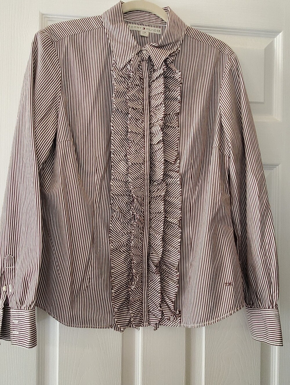 Tommy Hilfiger Women's Brown Stripe Button-Up Shirt Size Large